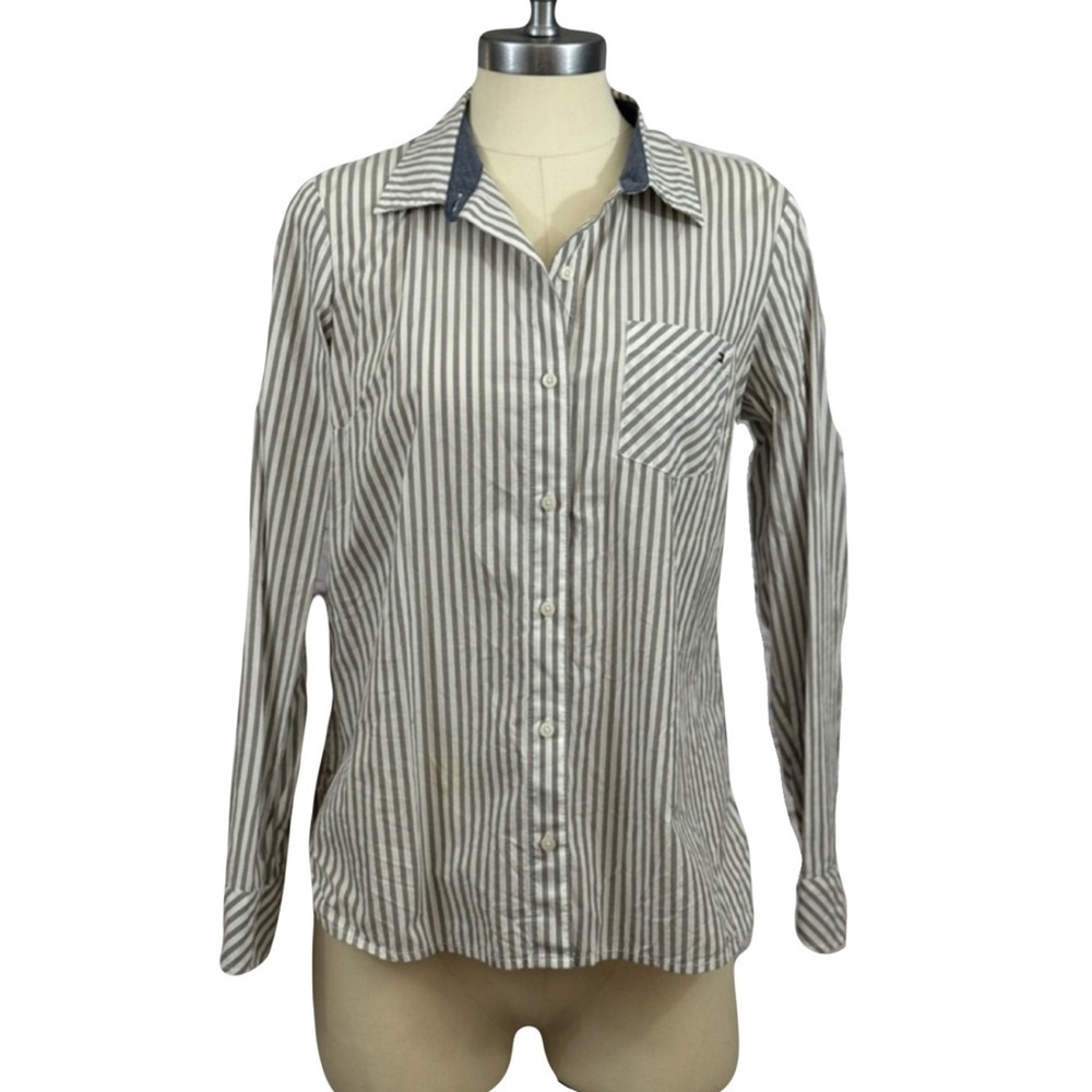 TOMMY HILFIGER women’s white and grey long sleeve classic striped button down
